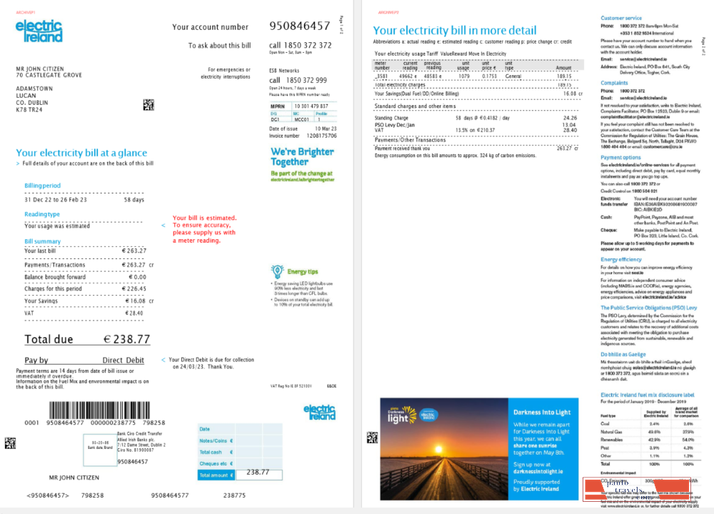 Ireland Electric Ireland utility bill template in Word and PDF format, version 2, 2 pages